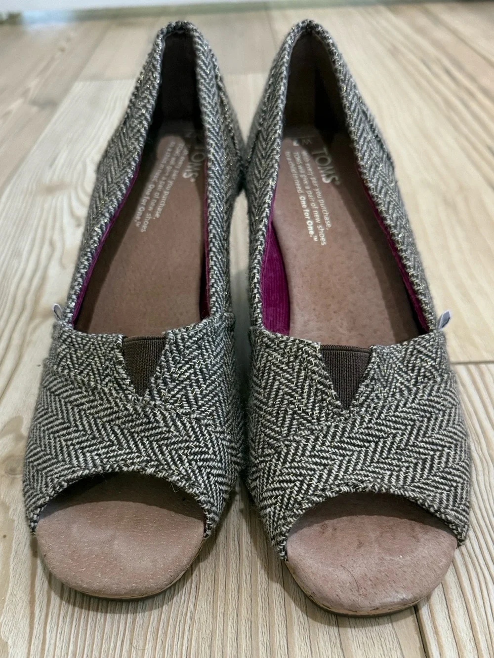 TOMS Brown Herringbone Cork Wedge Peep-Toe‎ Shoes